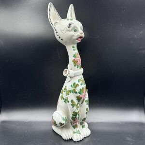 VTG Long Neck Ceramic Cat LARGE Figurine Made Italy‎ 1960s Floral W/Bow Rare 17"